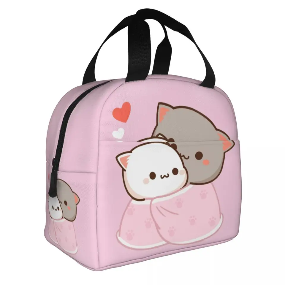 Roztomilé broskyňové a goma karikatúry izolované obedové tašky Termálna taška na jedlá nádoba Mocha Mochi Peach Cat Lunch Box Tote Food Kabelka