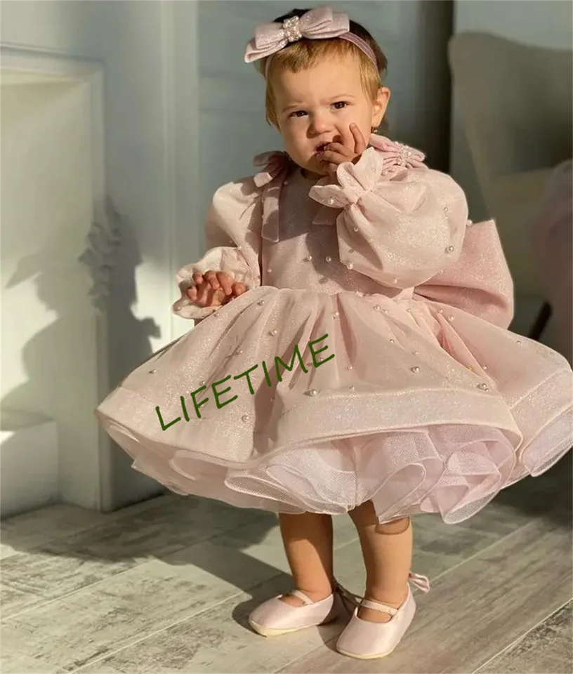Roztomilé dievčatko Šaty Puffy Flower Girl Šaty s dlhými rukávmi luk princezná šaty frist spoločenstvo šaty narodeniny dievča