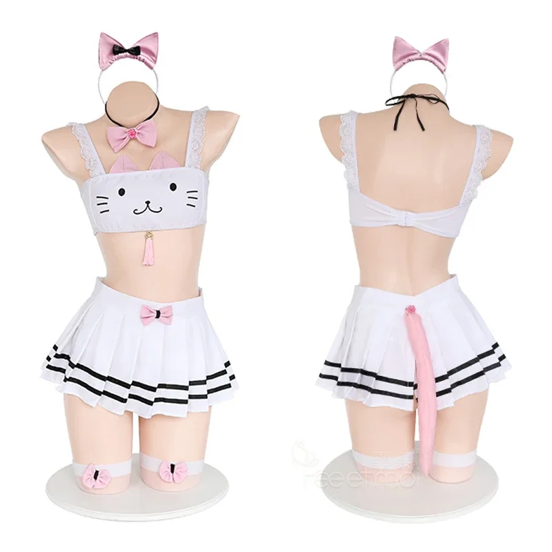 Roztomilé dievčatá Lolita Lace Cat Ears Underwear Set Uniforma Uniforma Neko Cosplay spodné prádlo Ženy letné top a sukne kostýmy