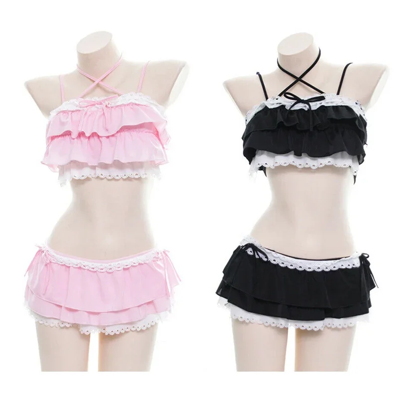 Roztomilé dievčatá lolita Ruffle bikini Sukuizu Cosplay ružové a čierne farebné plavky dutiny Viacvrstvové hem Biquini Ženy plavky