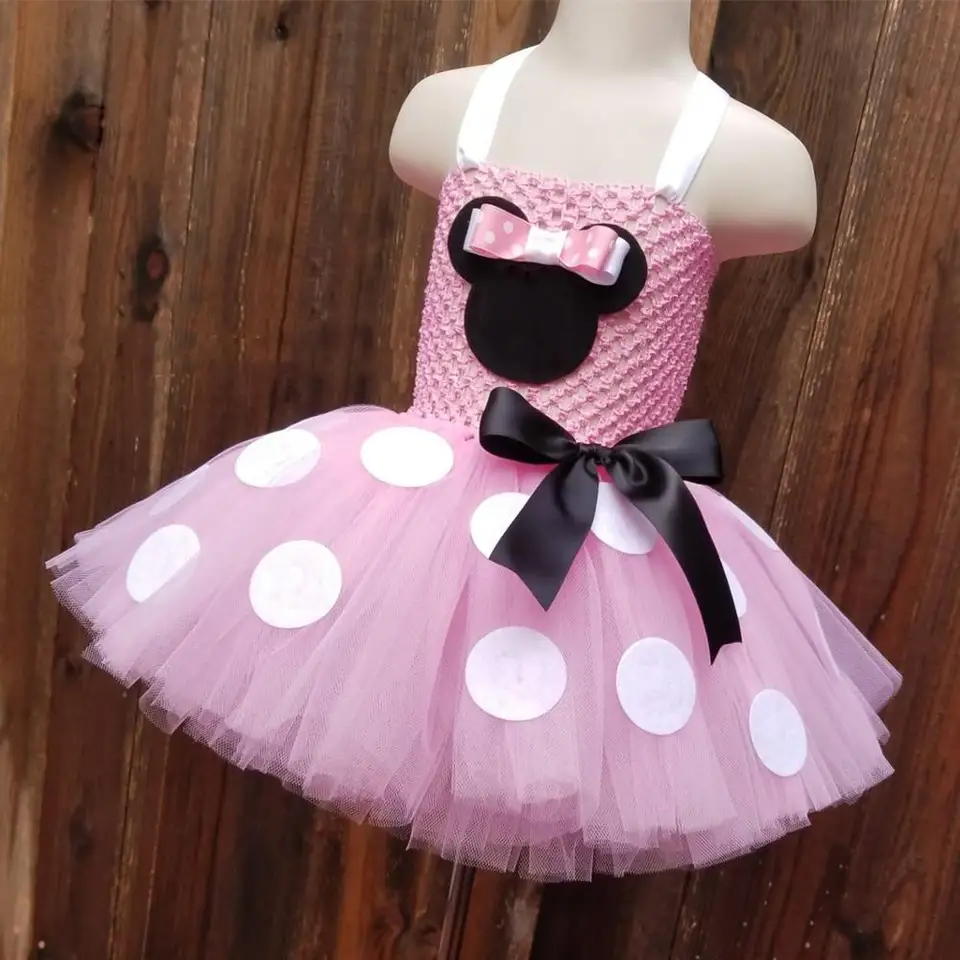 Roztomilé dievčatá ružové Mickey Minnie Tutu šaty detské háčkované šaty s bielymi bodkami a vlasovými detskými párty Cosplay cosplay kostýmy šaty