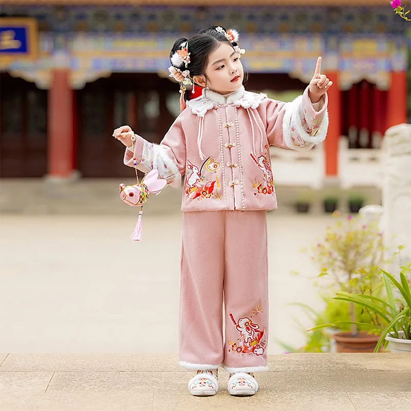 Roztomilé dievčatá zima New Hanfu Set Tang Suit Deti Darné tradičné sviatočné kostýmy Deti vyšívajúce čínske novoročné oblečenie