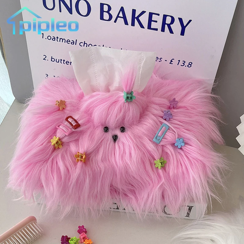 Roztomilé dlhé vlasy šteniatko Tissue Box Car Home Kawaii Plyšové tkanivové skrinky Tkanivové skladovacie puzdro Obúcň