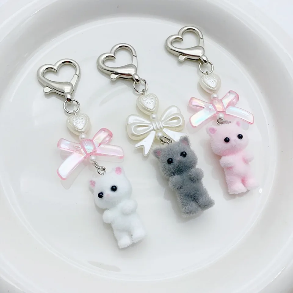 Roztomilé fuzzy mačiatko mačka mačka srdiečko kľúča Keychain plyšový medvedí mačiatko mačiatko kawaii luk pearl srdiečko kľúča batoh batohu pre ženy