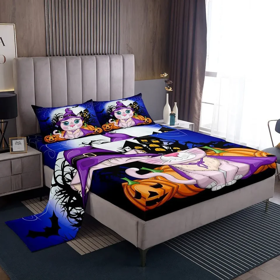 Roztomilé halloweenské mačky set chlapci chlapci záhadný hrad posteľná súprava pre deti Teens Blue Halloween s tematickou miestnosťou dekor kráľovná kráľovná veľkosť