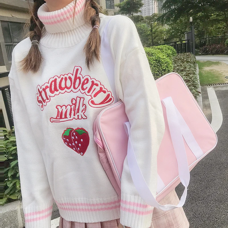 Roztomilé jahodové vyšívané voľné sveter Dámske svetre Japanese Kawaii ulzzang Žena Kórejské oblečenie Harajuku pre ženy