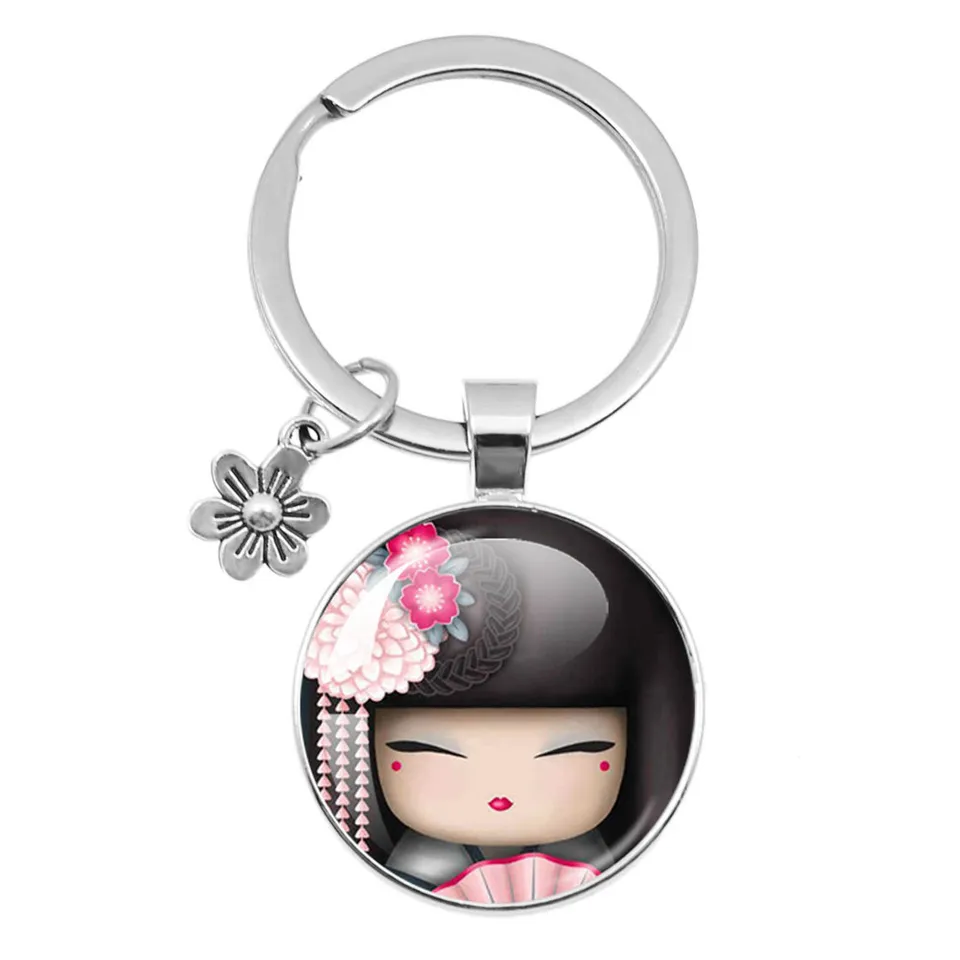 Roztomilé japonské dievča tvár Kľúčenka Kokeshi kimono bábika Pattern Glass Cabochon Keychains kvetinové doplnky kúzlo šperky darček
