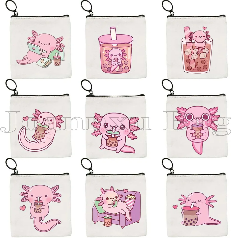 Roztomilé kreslené darčeky ružové chladenie Axolotl Pitie bublina čaj Krásne zvieracie plátno Coin Coin Key puzdro pre malé tašky Pevne puzdro
