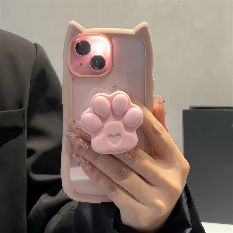 Roztomilé mačacie držiak na mačku pre iPhone 16 15 13 13 12 14 11 Pro Max Plus Cartoon Clear Soft Cover Japan Kawaii Korea Girl Gift