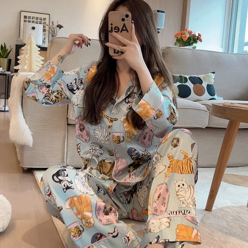 Roztomilé mačacie kardigan s dlhým rukávom pyžama súpravy dámske oblečenie karikatúry tlačiareň Loungewear hodvábne nočné oblečenie domáce oblečenie Nové oblečenie
