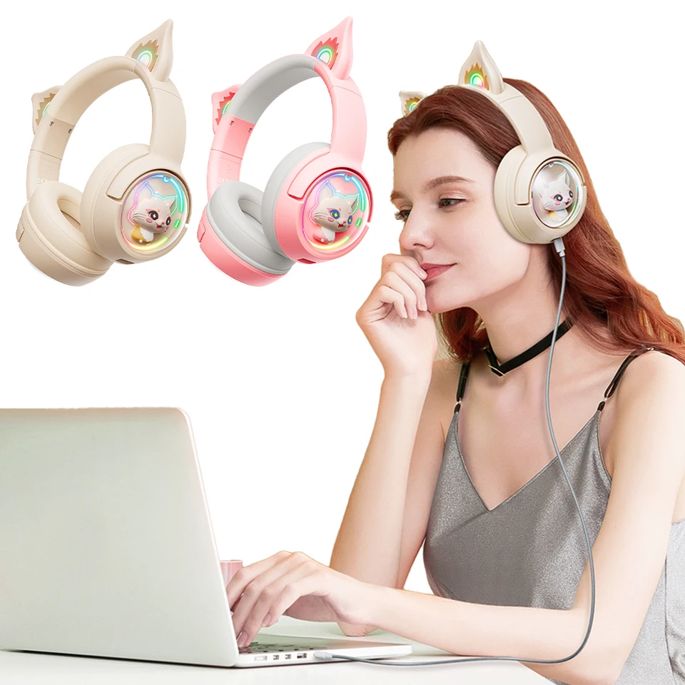 Roztomilé mačacie ucho bezdrôtové herné náhlavné súpravy Bluetooth kompatibilné 5.3 RGB cez slúchadlá uší Hifi stereofónny zvukový náhlavný panel pre PC