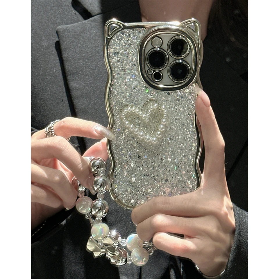 Roztomilé mačacie ucho bling giltter perla s srdcovým telefónom s korálkami pre iPhone 15 13 14 12 11 Pro Max