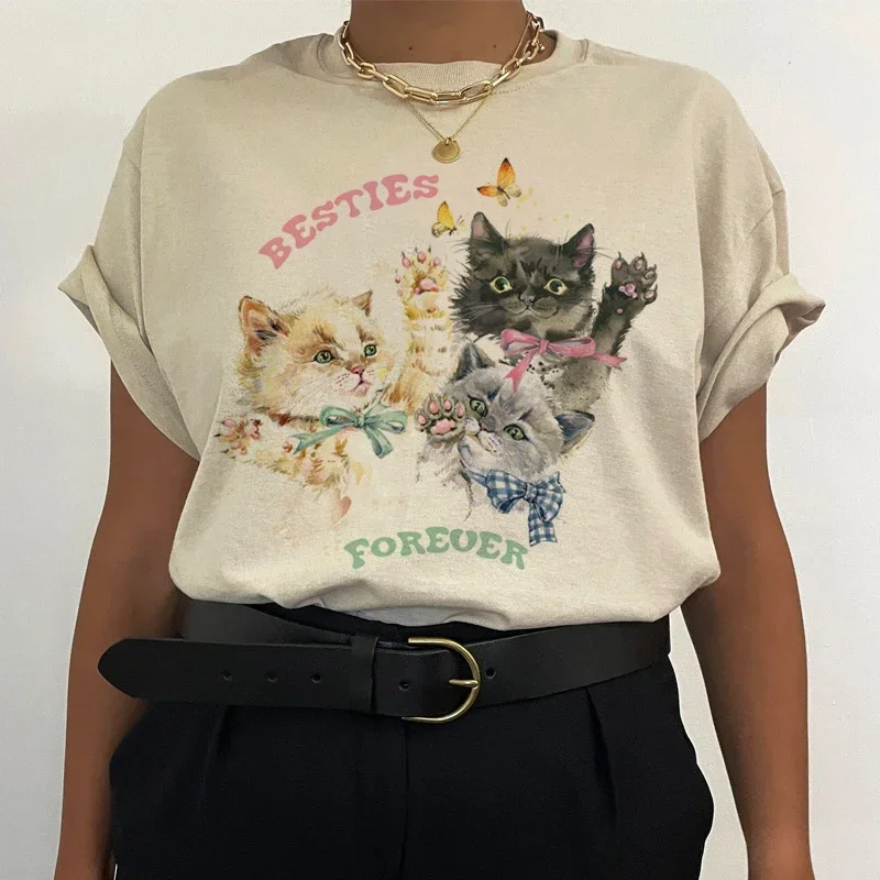 Roztomilé mačiatko Besties Forever Dámske grafické topy módne nadmerné tričko Vintage estetické chalupa