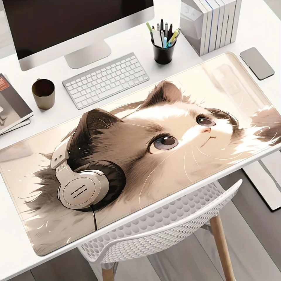 Roztomilé mačiatko so slúchadlami herná podložka myši s gumovým kobercami Guma 400x900 Kawaii Mat Office PC Accessories Presné blokované