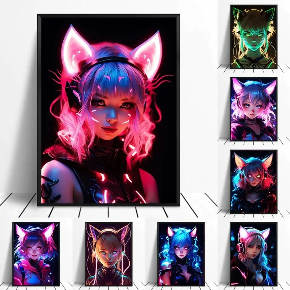 Roztomilé neónové anime mačky Girl Plagáty a výtlačky plátno maľba krásne dievča manga nástenné obrázky pre domácu hru dekorácie