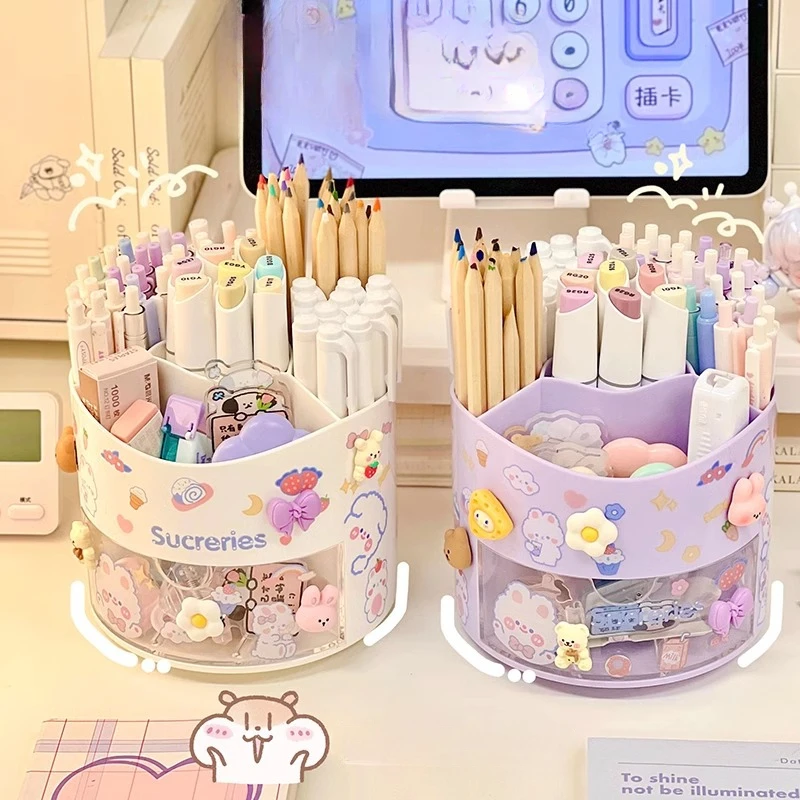 Roztomilé nálepky Rotujúce držiak na pero Držiteľ stolovej zásuvky kancelárske potreby Pasce School Office Desk Kawaii Organizátor Storage Box Organizátor
