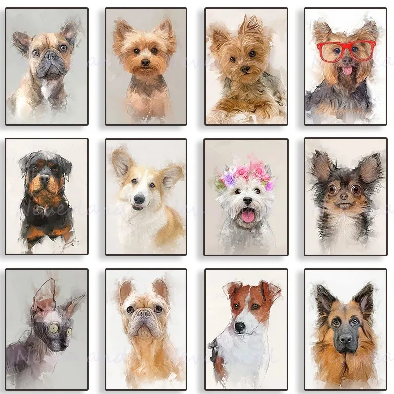 Roztomilé psy portréty plagáty Corgi Yorkie Westie Abstraktné zvieratá Canvas maľba a výtlačky nástenné umenie Obrázok pre izbu domov