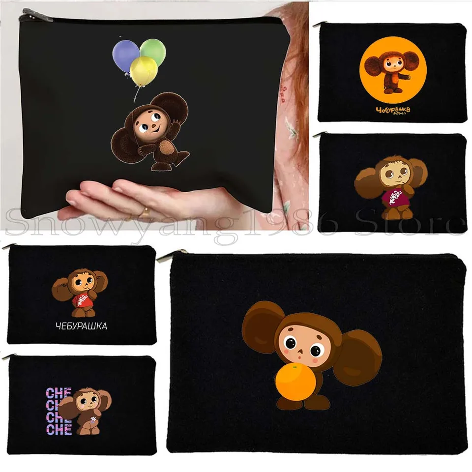 Roztomilé Rusko Cheburashka Cartoon Monkey Monkey Russian Darčeky Canvas Cosmetic Bag Storage make -up toaletný vrecko na ceruzku puzdro na zips