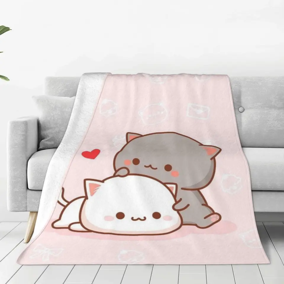Roztomilé ružové broskyňové a goma prikrývky karikatúry Mocha Mochi Peach Cat Wool Funny Warm Throw prikrývky na posteľnú pohovku zima