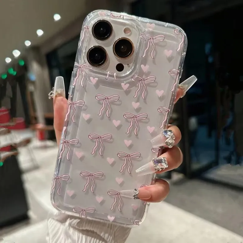 Roztomilé ružové srdiečko Bowknot Clear Puzdro pre iPhone 11 12 13 14 15 16 Pro Max 7 8 14 15 Plus x x x Max xr SE2 Mäkký silikónový kryt
