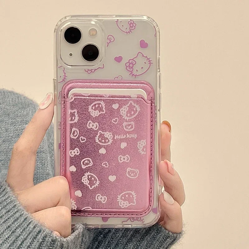 Roztomilé Sanrio Hello Kitty Magnetic Wallet Držiteľ Magsafe bezdrôtový nabíjaný puzdro pre iPhone 16 15 14 13 12 12 Pro Max Hard Cover