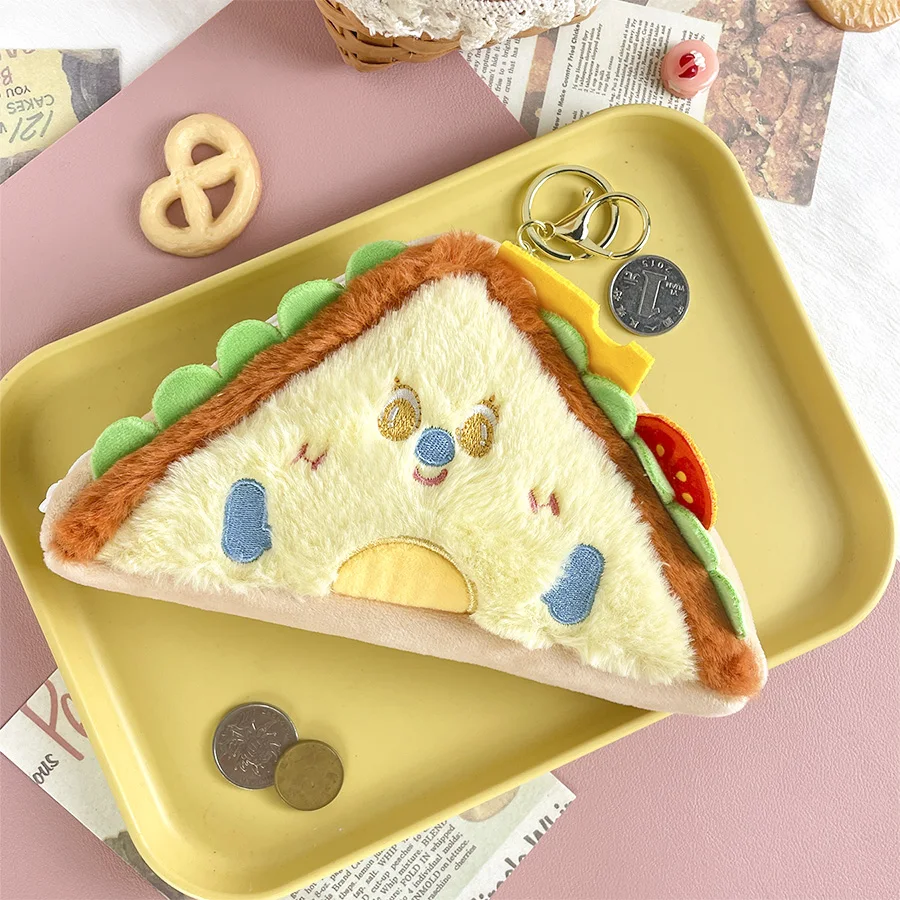 Roztomilé sendviče, plyšové mince, skladovacie vrecká na hamburger, tašky na peniaze Kawaii, držiaky na mince veľkých kapacity, prívesky na kľúče