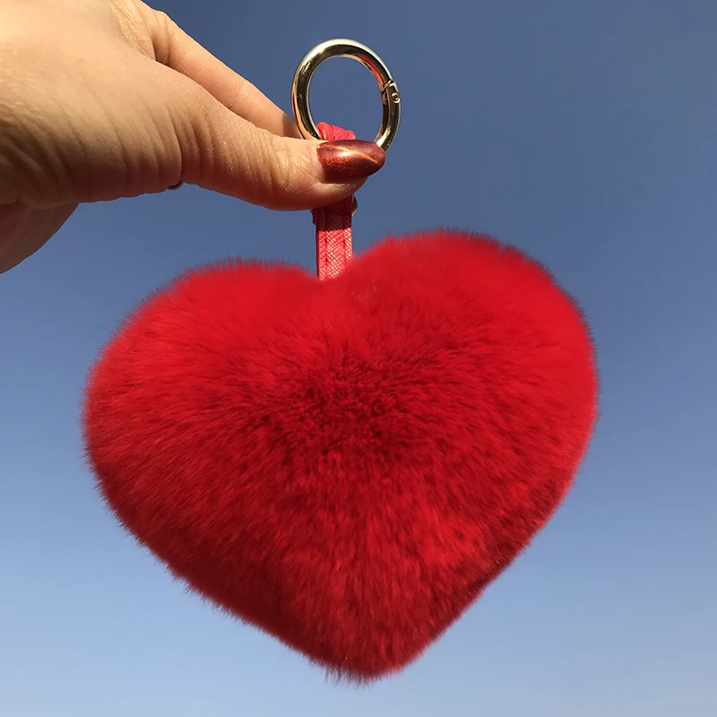 Roztomilé srdiečko Keychain Real Rex Rabbit Fur Heart Bag Charm Key Chain Dievčatá Dievčatá kúzla Kúzla autá Príspevok