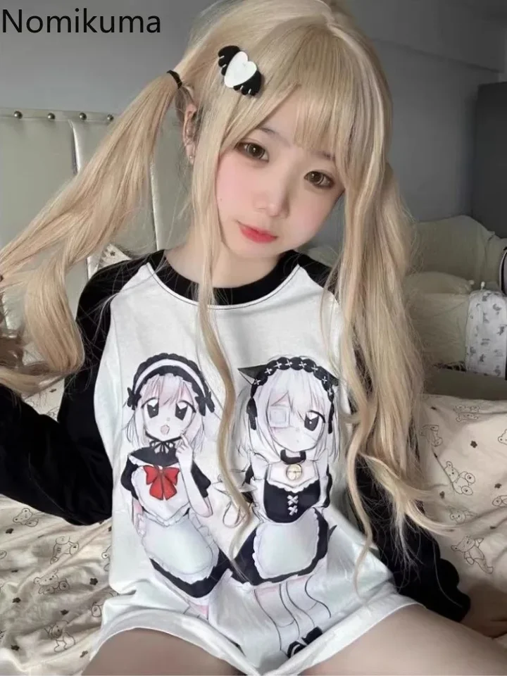 Roztomilé tričko Ženy roztomilé japonské odpaliská nadmerné topy neformálne módne camisetas 2024 ropa mujera anime tlačená bavlna y2k tričká