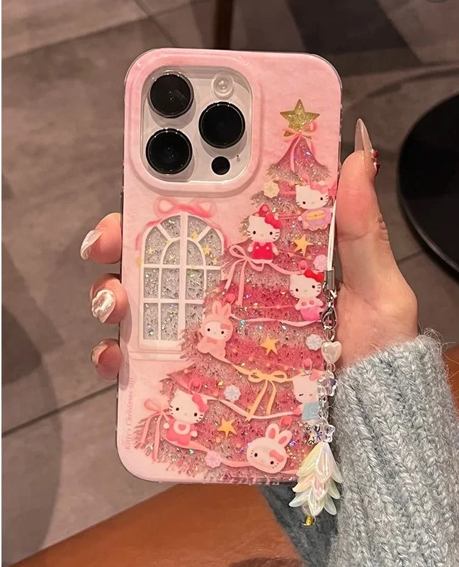 Roztomilé vianočné želanie strom Hello Kitty Bling Glitter Pase pre iPhone 11 12 13 14 15 16 Pro Max xs xr Lovely Cartoon Kt Cover