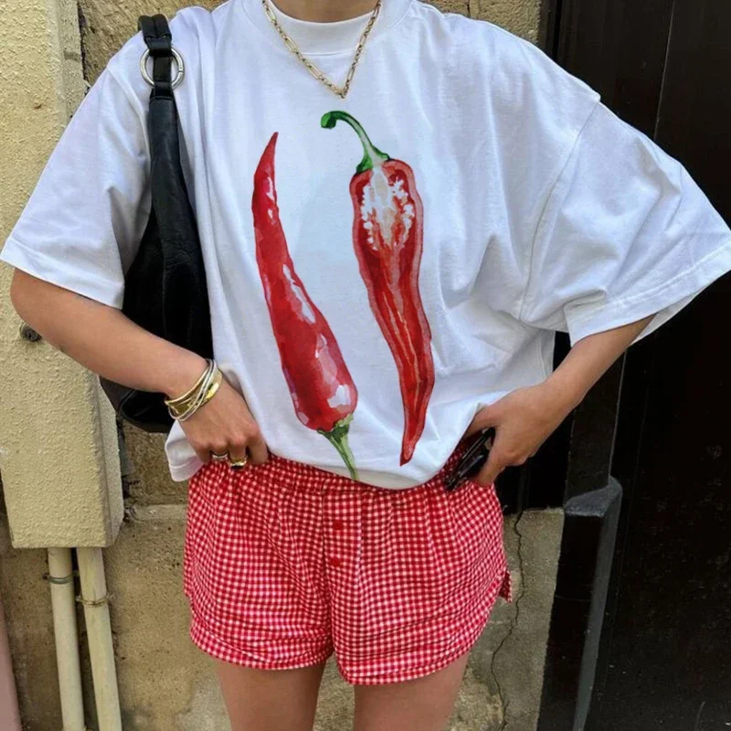 Roztomilé vinobranie Foodie Grafické odpaliská y2k estetické nadmerne nadmerné tričko chili korenia egirl grunge streetwear top women módne oblečenie