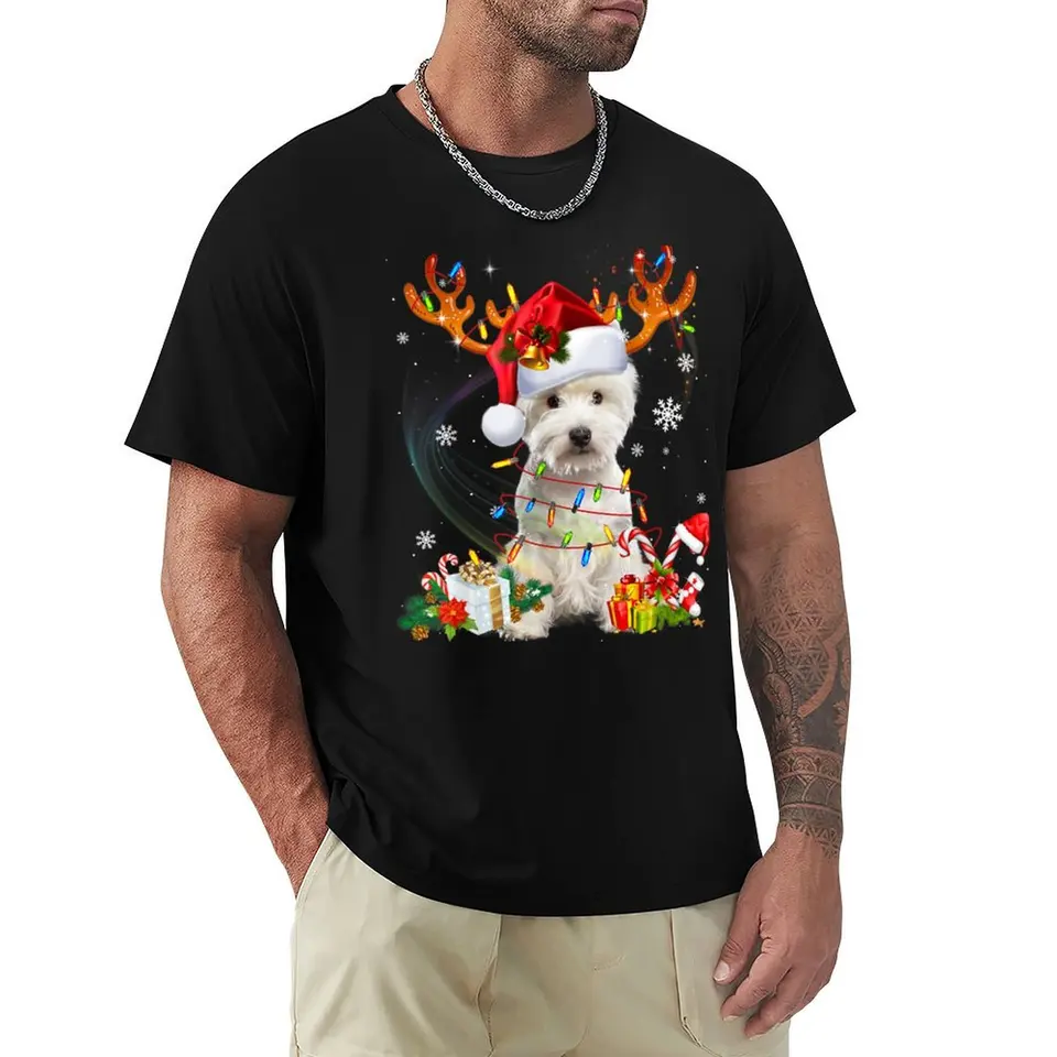 Roztomilé Westie Dog Lights Santa Hat Sweater Vianoce strom Vianočné tričko Estetické oblečenie plus veľkosť topy tričká pre mužov