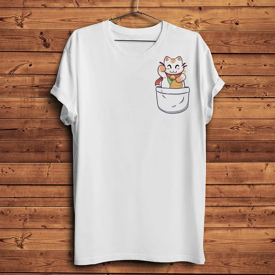 roztomilé šťastné mačky maneki neko vo vrecku vtipné tričko muži leto nové biele neformálne tričko Unisex krátke rukávy Streetwear Tee