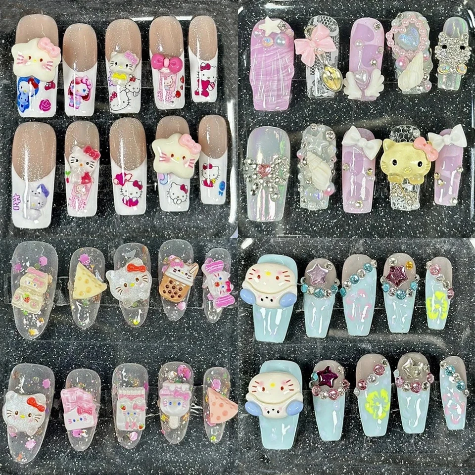 Roztomilý 2024 káva hnedá 3D ručne vyrábaná nechty na nechty Sanrio Hello Kitty francúzske dlhé rakva tvary Star Kitty Plné pokrytie odnímateľné nechty