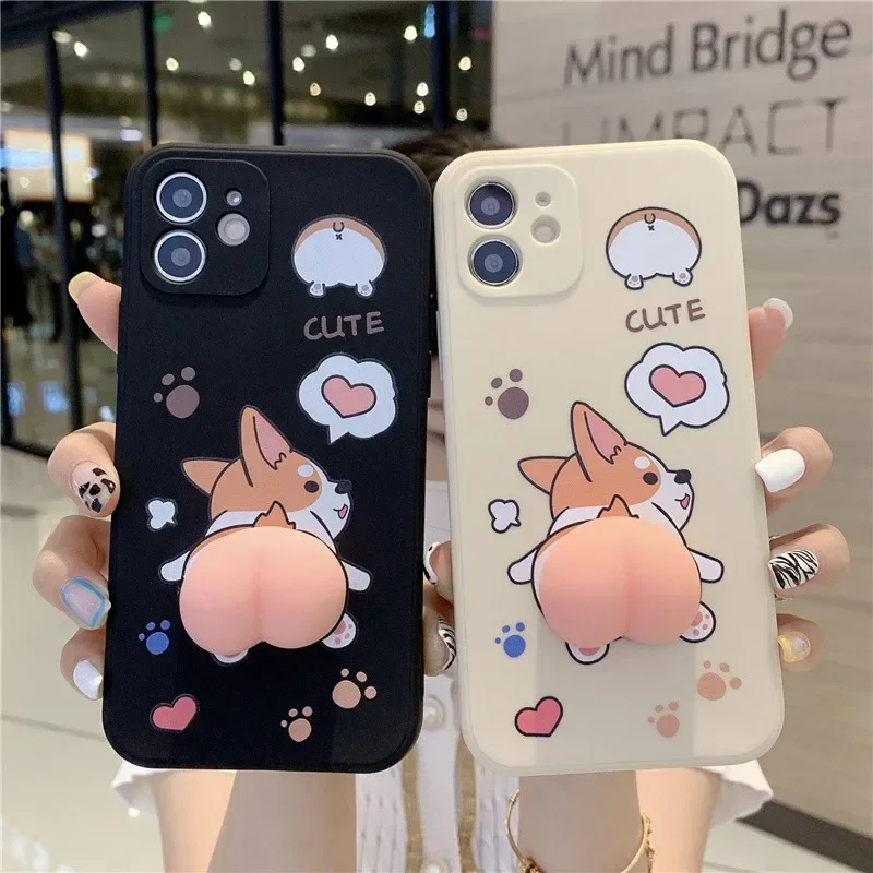 Roztomilý 3D Corgi Ass Squishy Decompress Decompress Stereo Elastic Soft Pase pre iPhone 16 15 11 12 13 14 Pro XR XR XS 11 12 Pro Max.