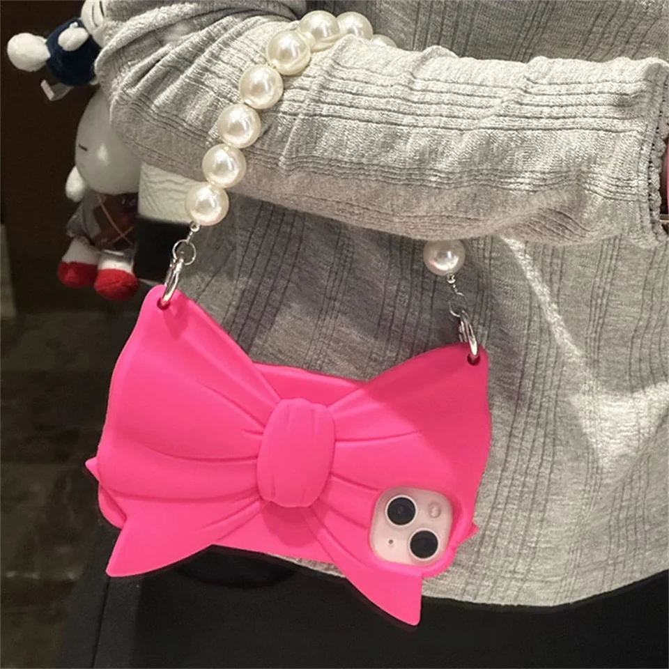 Roztomilý 3D ružový bowknot kabelka silikónový puzdro pre iPhone