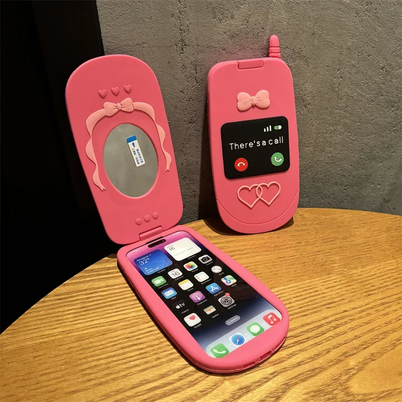 Roztomilý 3D ružový model mobilného mobilného telefónu Flip Mirror Silikone Puzdro