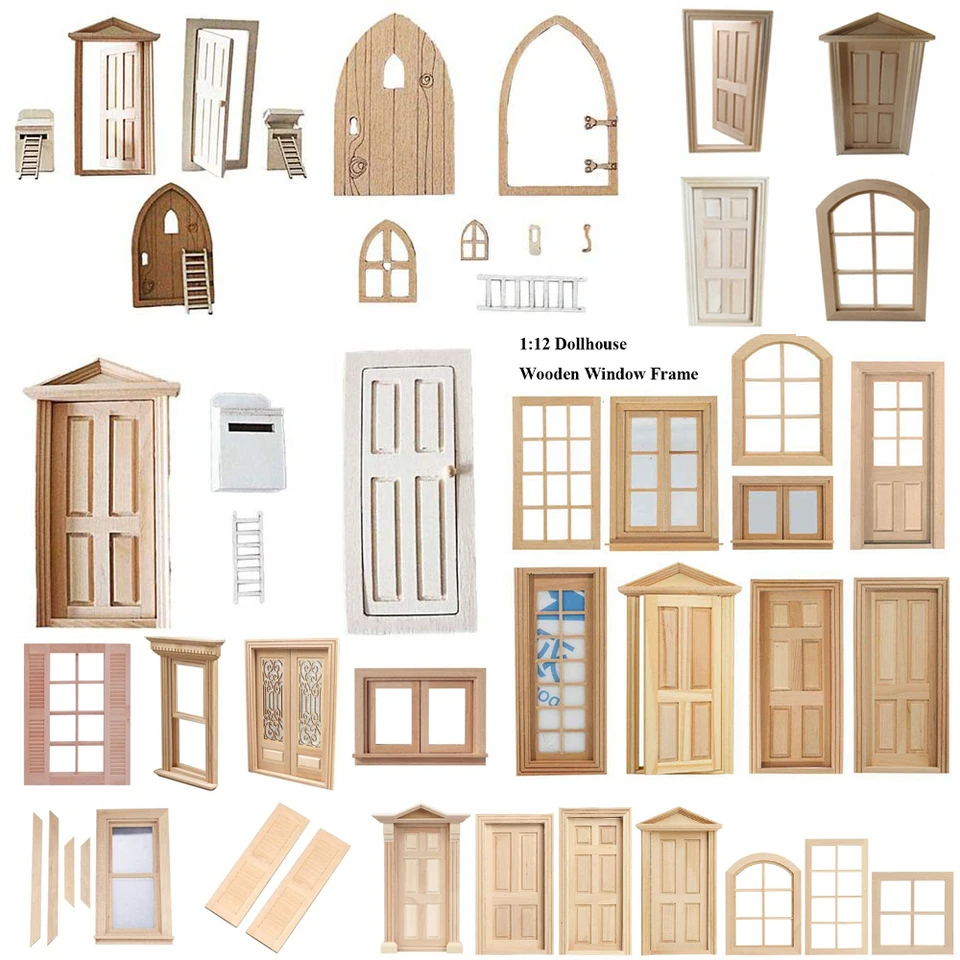 Roztomilý drevený rám domáci model Ozdoby Doll House Diy Door Window 1/12 Dollhouse Miniatúrne dvere príslušenstvo Hračky nábytku
