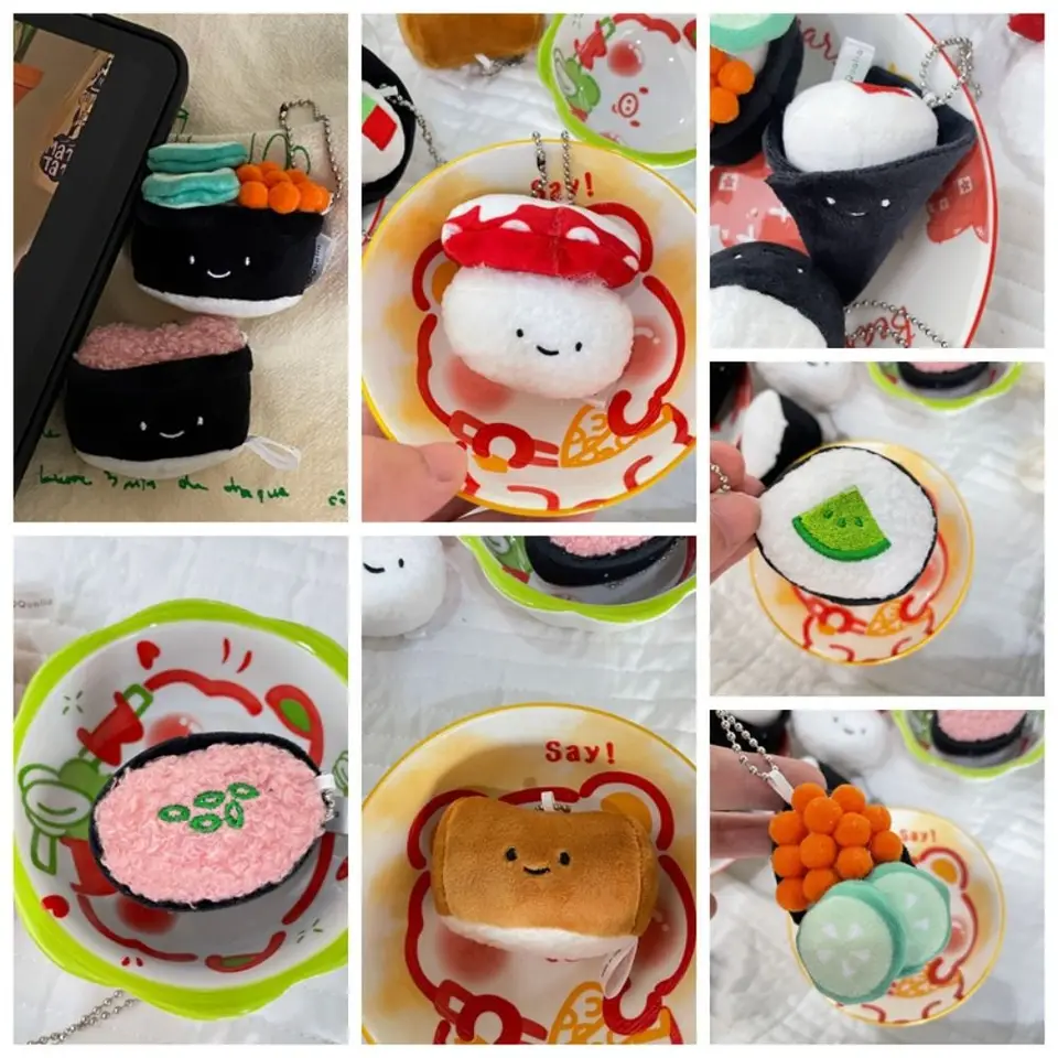 Roztomilý expresia sushi plyšový kľúče úhora úhora uhorka Sushi plyšová hračka pre bábiku japonský štýl ručne valcovaný sushi batohový prívesok