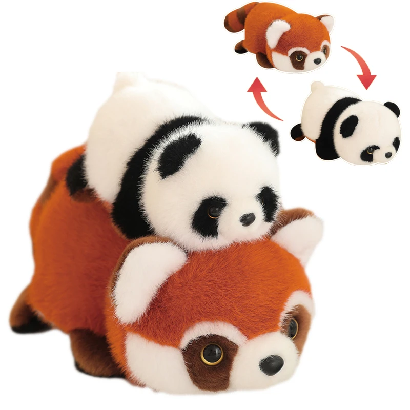 Roztomilý flipovateľný plyšový panda do mývala reverzibilné vypchávky zvierat mäkká bábika Fluffy Red Panda vankúš Detský darček k narodeninám darček