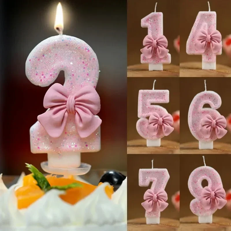 Roztomilý flitra ružové veľké číslo lukknot sviečka 3D dizajn tortu topper dekorácie dievčatá narodeninové torty sviečky dezert ornament