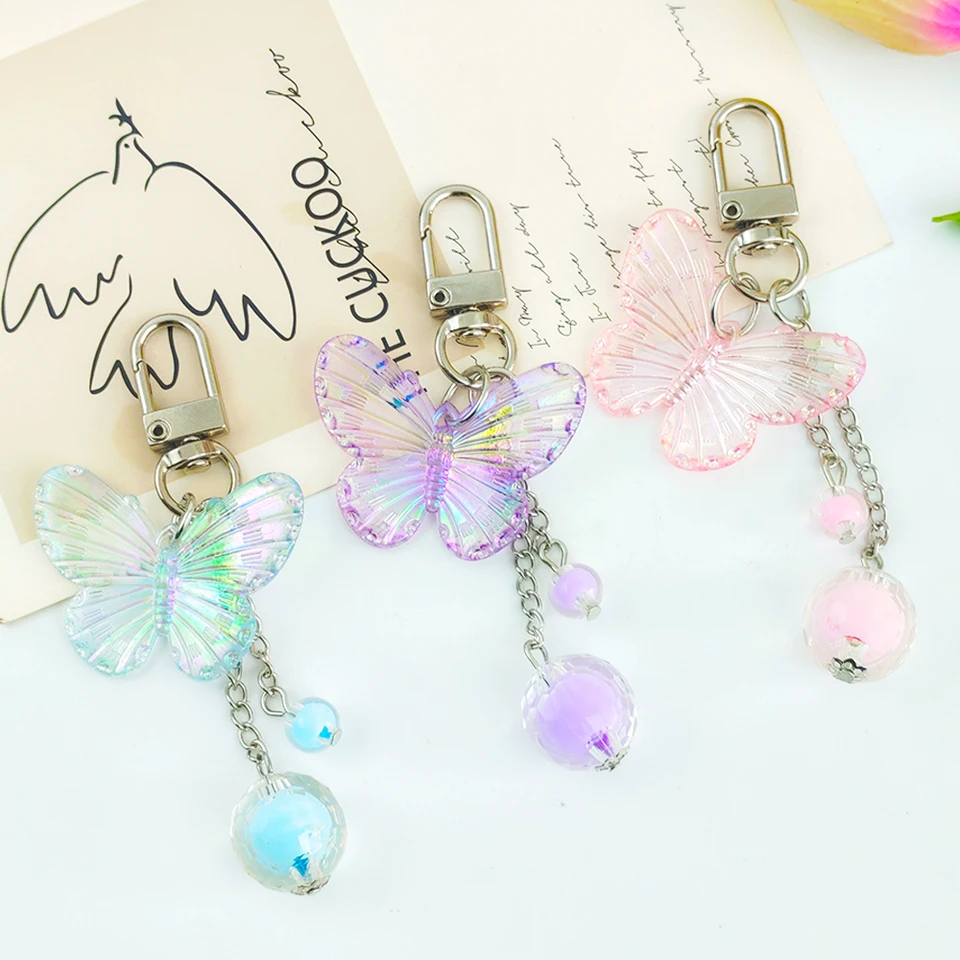 Roztomilý gradient laserový motýľ keychain priehľadné okrúhle guľôčkové strapce prívesok Keyring Bag Ornament Car Trinket Accessories Darček