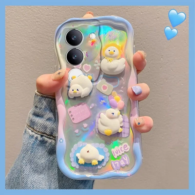 Roztomilý karikatúra 3D kačica Aurora puzdro pre iPhone 15 14 13 12 Pro Max 11 x xr xs 8 7 plus se 2 laserové gradientné vlna mäkký silikónový kryt