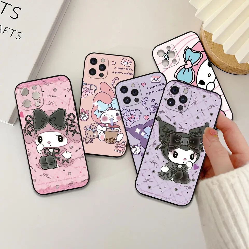 Roztomilý karikatúra Kuromi My Melody Telefón puzdro pre iPhone 16 15 Promax 13 12 Mini 14 11 Plus 15 16 Pro Max Funda Balck Soft Cover Capa