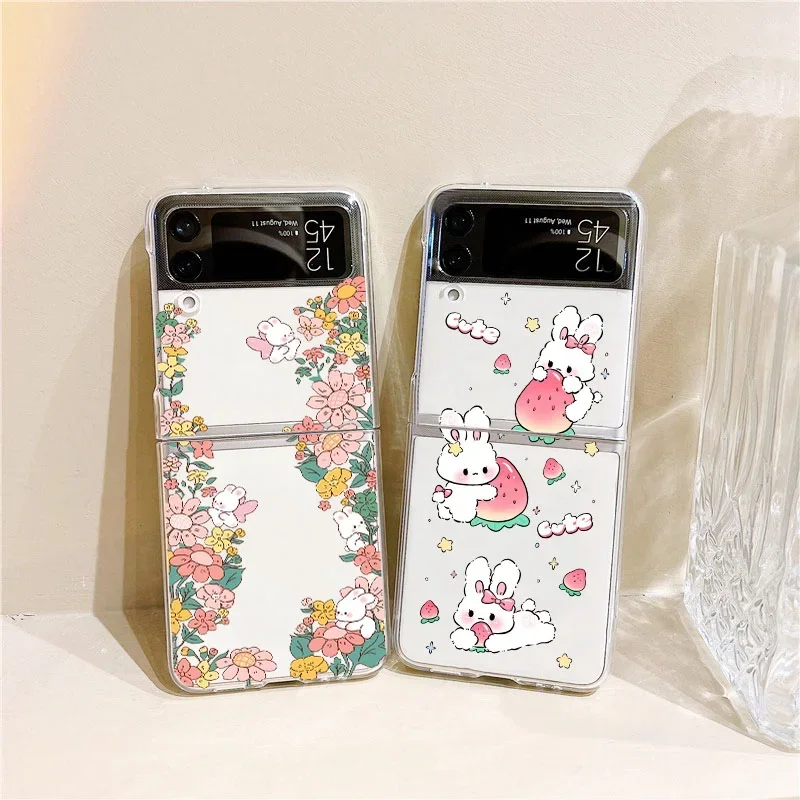 Roztomilý karikatúra kvetinový králik telefónny puzdro pre Samsung Galaxy Z Flip 5 Zflip6 Transaprent Cover pre Samsung Zflip 4 3 Shell Fundas