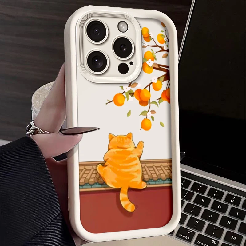Roztomilý karikatúra oranžová mačka telefón pre Apple iPhone 16 15 14 13 12 11 Plus Pro Max Mini Women Shockproof Pase Case Case Case