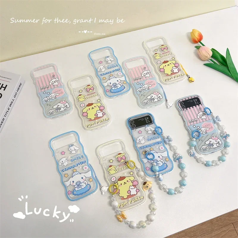 Roztomilý karikatúra Sanrio Cinnamoroll Pompom Purin Puzder pre Samsung Galaxy Z Flip 6 5 Soft TPU Cover pre Z Flip 3 4 s Lanyardom