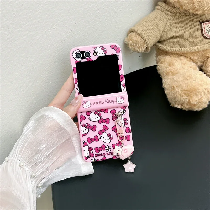 Roztomilý karikatúra Sanrio Hello Kitty Bow Puzdet pre Samsung Galaxy Z Flip 6 5 tvrdý zadný kryt pre Z Flip 3 4 s Lanyardom