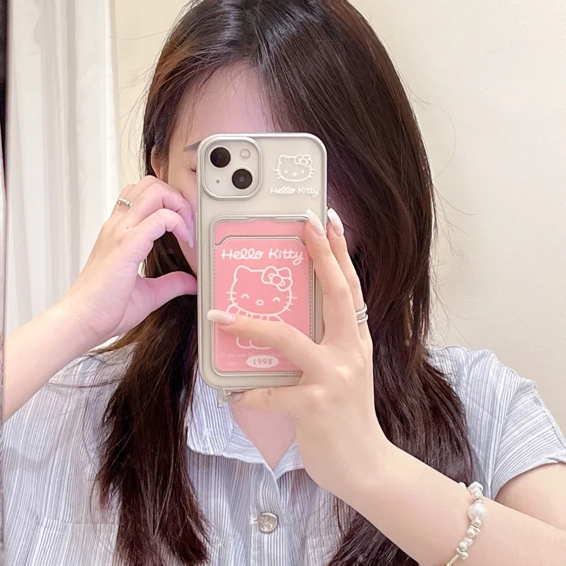 Roztomilý karikatúra Sanrio Hello Kitty karta peňaženka Palkovisko pre iPhone 15 14 13 12 11 Pro Max Plating Silver Soft TPU Cover TPU