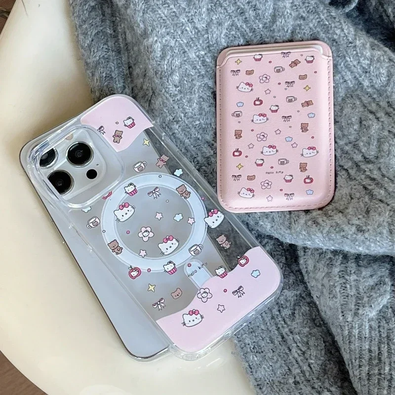 Roztomilý karikatúra Sanrio Hello Kitty Magnetic Wallet Magsafe Wireless Cail Telefón puzdro pre iPhone 15 14 13 12 11 Pro Max Hard Cover Cover