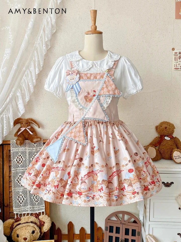 Roztomilý karikatúra tlač lolita šaty leto nové sladké čipky štíhle patchwork bez rukávov loptičke šaty retro kawaii jsk mini šaty